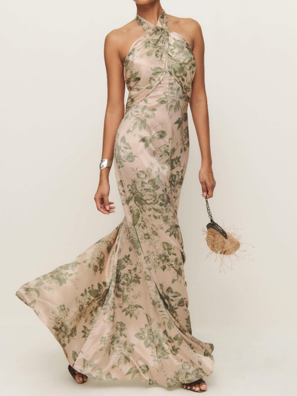 NWT Reformation Veria Maxi Silk Floral Dress in Tarragon